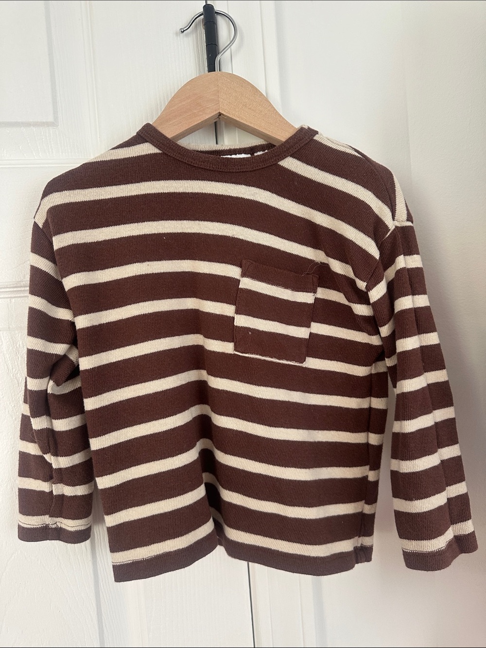 Zara Brown & Cream Striped Long-Sleeve Pocket Tee